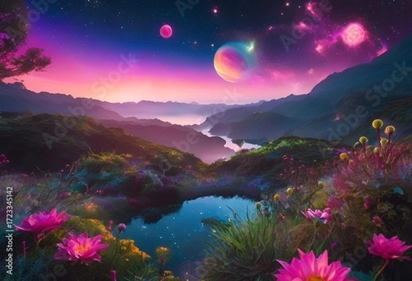 Fototapeta vibrant, imaginary planet floats peacefully in silent space, its colors glowing ethereally among distant stars.
