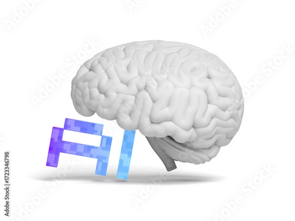 Fototapeta AI text and brain isolated on white background. Artificial intelligence. Blue and violet color. Pixel. Glassmorphism. 3d illustration.