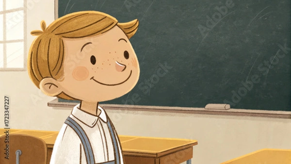 Fototapeta Cheerful smiling child with freckles in classroom near blackboard with wooden desks and window light