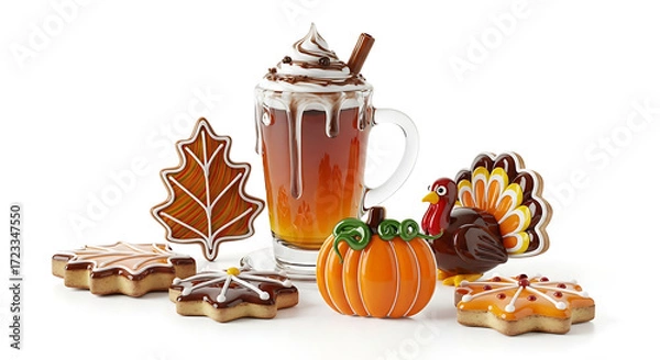 Obraz Festive fall treats: hot chocolate, pumpkin, turkey, and leaf cookies