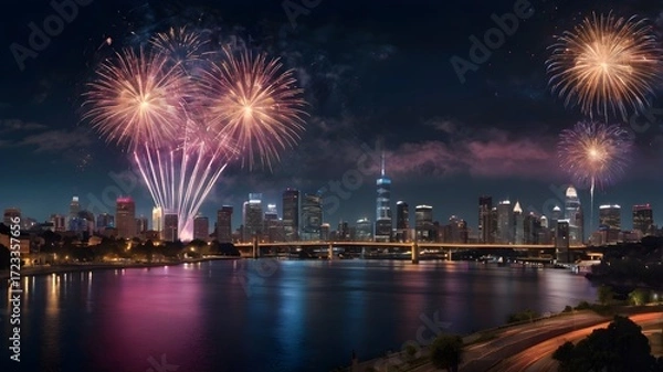 Fototapeta Colorful Fireworks Display over Urban Skyline