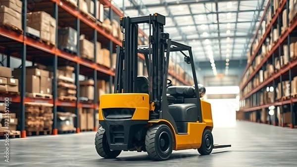 Fototapeta Industrial warehouse scene featuring a forklift, highlighting logistics in a soft ambient setting.