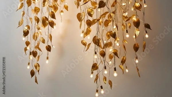 Fototapeta Hanging Gold Leaf String Lights on Neutral Wall