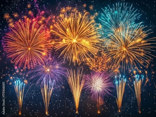 Fototapeta Colorful fireworks illuminating night sky for celebration, symbolizing joy during New Year's Eve and summer festive events.