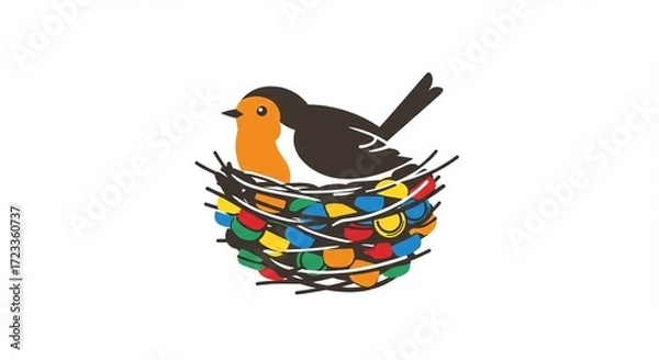 Fototapeta Charming robin sits cozily in a colorful nest filled with vibrant treats