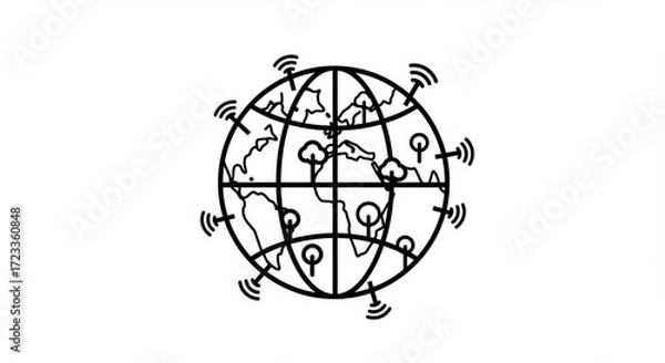 Fototapeta Global network connections visualized with signal waves and location pins