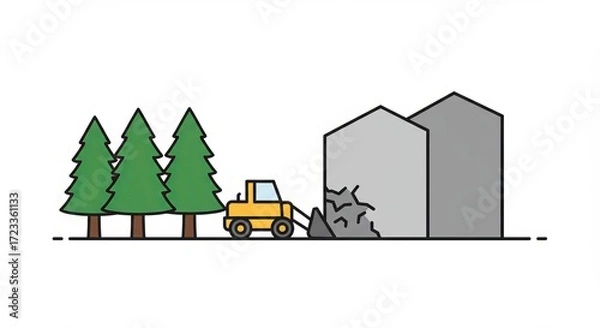 Fototapeta Yellow bulldozer clearing rocky debris near evergreen trees and buildings