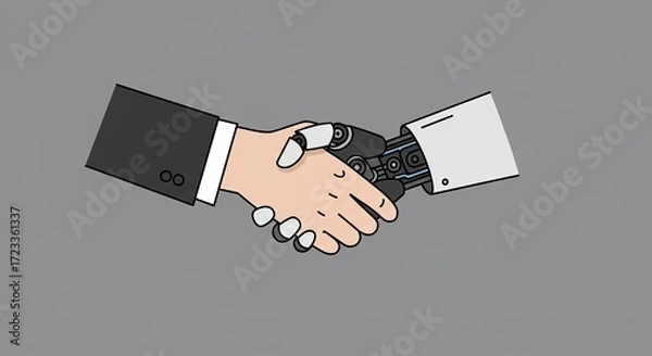 Fototapeta Human and robot handshake symbolizing future business collaboration and innovation