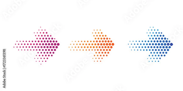 Obraz Dotted arrow icon set. Gradient dot vector isolated elements. Arrows halftone effect on white background. Vector illustration.
