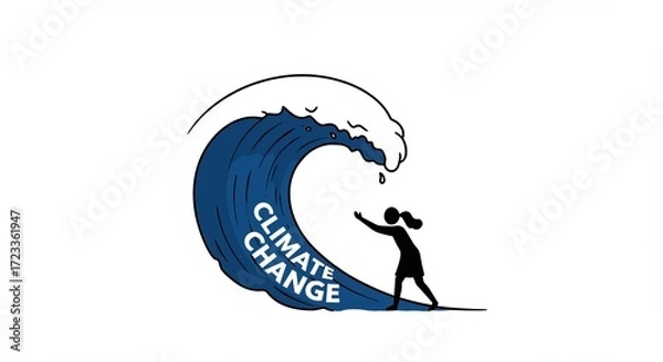 Fototapeta Person facing massive wave labeled climate change, seeking urgent solutions now