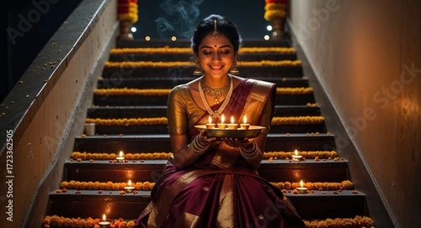 Fototapeta Indian woman's elegant saree look with diya platter and twinkling lights, Diwali night, Generated AI