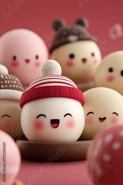 Obraz Cute holiday tangyuan with playful faces and winter accessories in a joyful winter scene