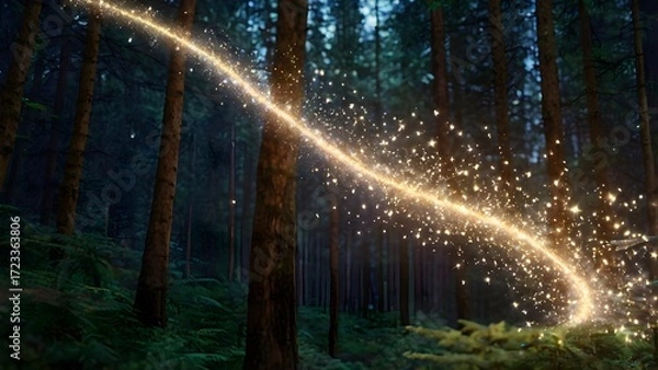 Fototapeta Twinkling Golden Particles and Light Ribbon