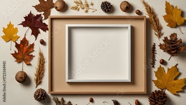 Fototapeta Autumn Wreath Around Blank Frame on Beige Background