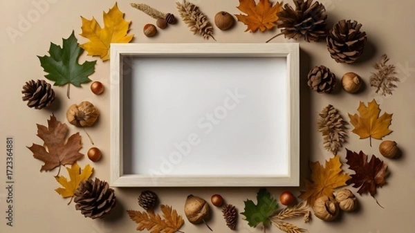Fototapeta Thanksgiving Frame Mockup with Pinecones and Leaves