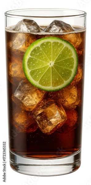 Fototapeta Lime wheel submerged in a highball glass of cola, positioned between ice cubes.
