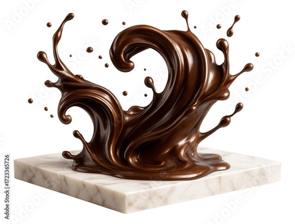 Fototapeta Chocolate splash on a smooth marble slab, with visible swirls and curves.