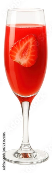Fototapeta Elegant flute containing strawberry juice with a bright red color and a single floating strawberry slice.