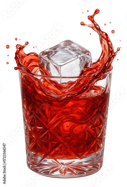 Fototapeta A geometric-patterned glass with a single, oversized ice cube in a swirl of pomegranate juice