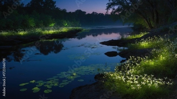 Fototapeta Serene twilight landscape with glowing flowers along a tranquil river, reflecting nature's beauty
