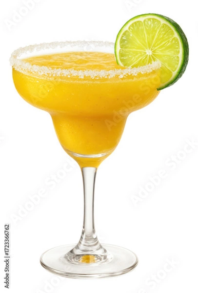 Fototapeta Passion fruit margarita in a wide-rimmed glass with a salted edge and a lime wheel perched on top.