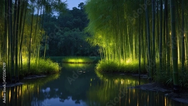 Fototapeta Serene bamboo grove illuminated at night, reflecting in calm water, surrounded by lush greenery