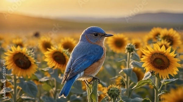 Fototapeta A vibrant bluebird perched on a sunflower amidst a golden field at sunset, evoking tranquility