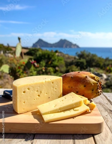 Obraz Cheese platter on a wooden board with a view