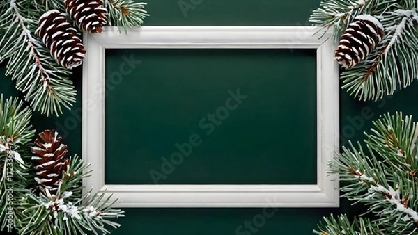 Fototapeta Cozy Holiday Border of Spruce Branches and Cones, Copy Space