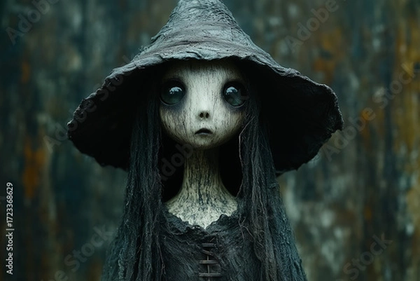 Obraz Spooky Halloween witch portrait with broom and pointed hat. Dark costume close up symbolizing creepy holiday mood, postcard concept.