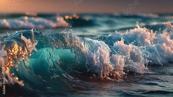 Fototapeta Sunset glow ocean water splash high resolution image
