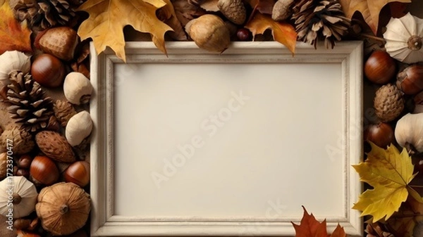 Fototapeta Autumn Frame Mockup with Pine Cones and Acorns