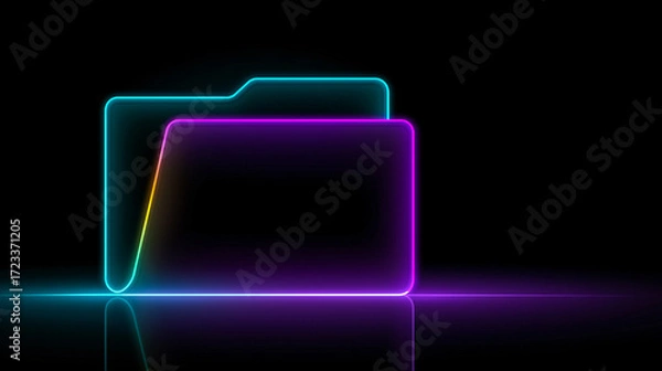 Fototapeta Neon folder icon with glowing gradient outline on black background. Futuristic digital design ideal for UI/UX, tech branding, and modern web or app interfaces.