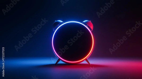 Fototapeta Futuristic alarm clock with neon gradient lighting, black face, and classic twin bell design. Ideal for tech ads, time concepts, or modern lifestyle visuals.