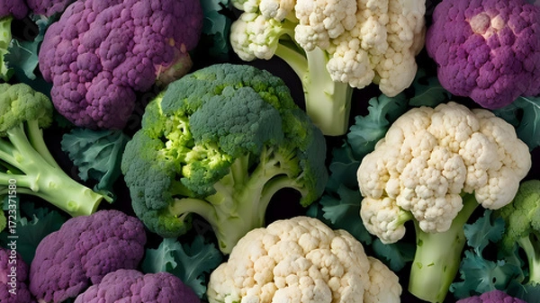 Fototapeta close up of broccoli and cauliflower, fresh vegetables on market, vegetables on market, cauliflower and vegetables