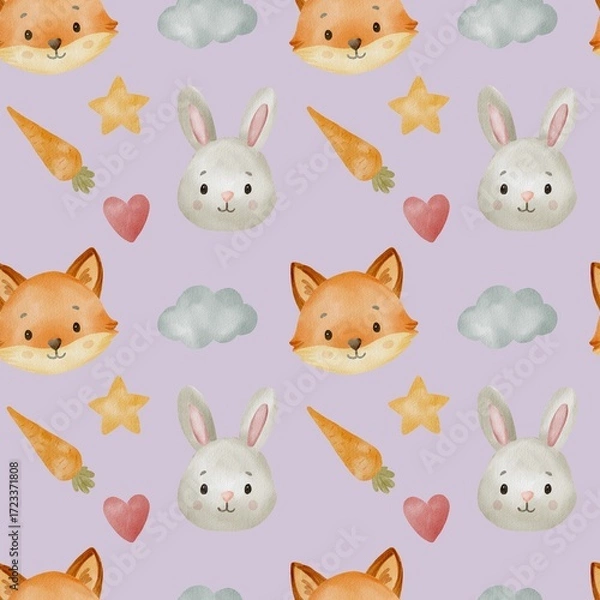 Fototapeta Seamless watercolor pattern with cute fox and bunny rabbit characters for baby nursery design kids textile wrapping paper products