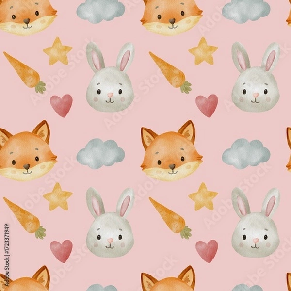 Fototapeta Seamless watercolor pattern with cute fox and bunny rabbit characters for baby nursery design kids textile wrapping paper products