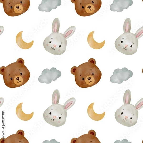 Fototapeta Seamless watercolor pattern with cute teddy bear and bunny rabbit characters for baby nursery design kids textile fabric products