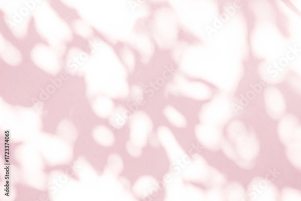 Fototapeta Light and shadow pink beige pastel abstract background. Natural leaves shadows and sunshine diagonal refraction on white wall texture. Shadow overlay effect foliage mockup, banner graphic layout