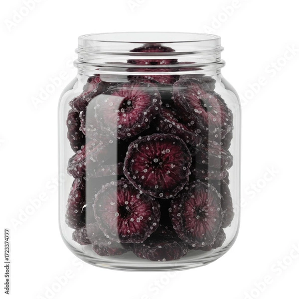 Fototapeta Glass jar filled with dehydrated blood orange slices, showing their textured surfaces isolated on white background