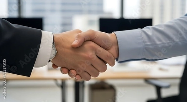 Fototapeta Two business professionals clasping hands in a symbolic gesture of collaboration and agreement in a