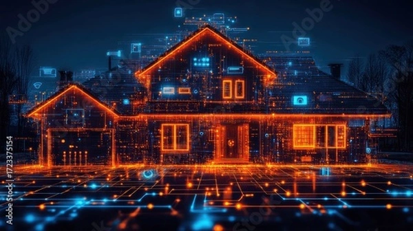 Fototapeta Futuristic smart home at night with glowing circuits