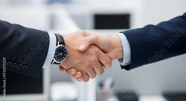 Fototapeta Two people in suits are shaking hands, symbolizing partnership and agreement.