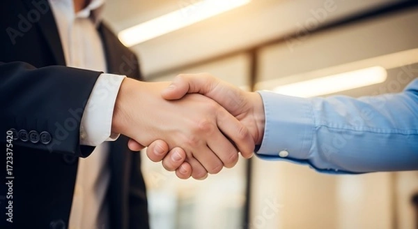 Fototapeta Close up shows two people shaking hands, establishing a partnership and trust in business.