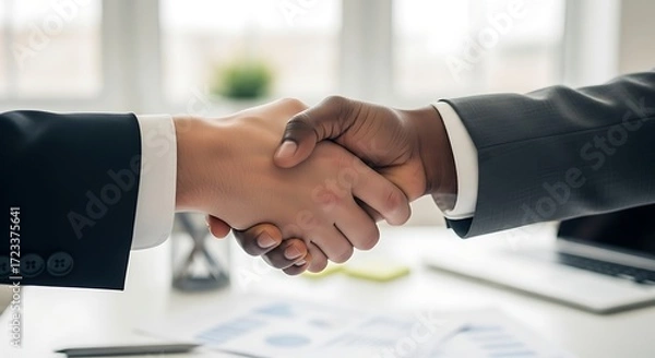 Fototapeta Two people shake hands in a meeting, symbolizing agreement and collaboration in business deal.