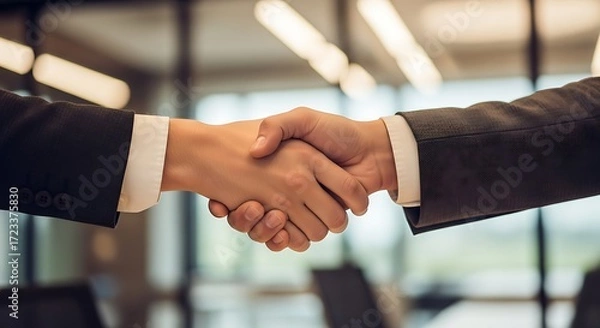 Fototapeta Two people in suits shake hands, symbolizing partnership and business agreements.