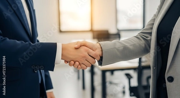 Fototapeta Two business people in formal attire concluding deal with a handshake indoors.