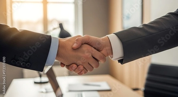 Fototapeta Two people in suits conclude a business deal, their hands clasped tightly in a handshake of