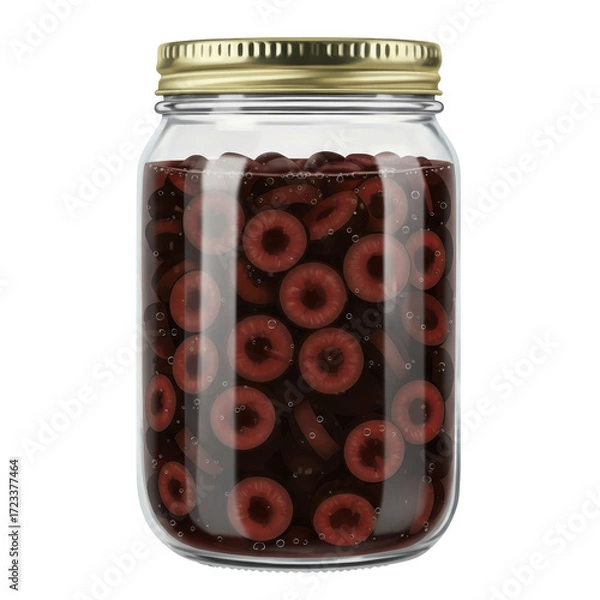 Fototapeta Preserved cherry slices in a glass jar with golden lid, bubbles suspended isolated on white background