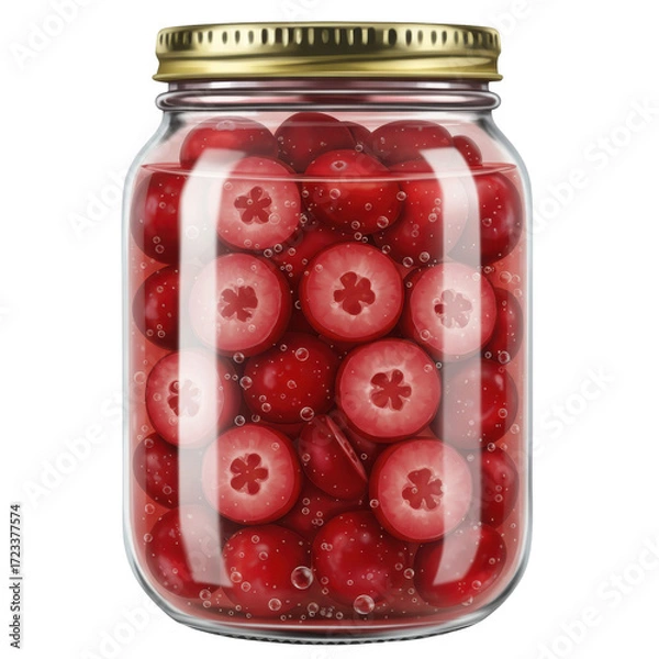 Fototapeta Glass jar filled with cranberries and sparkling liquid isolated on white background